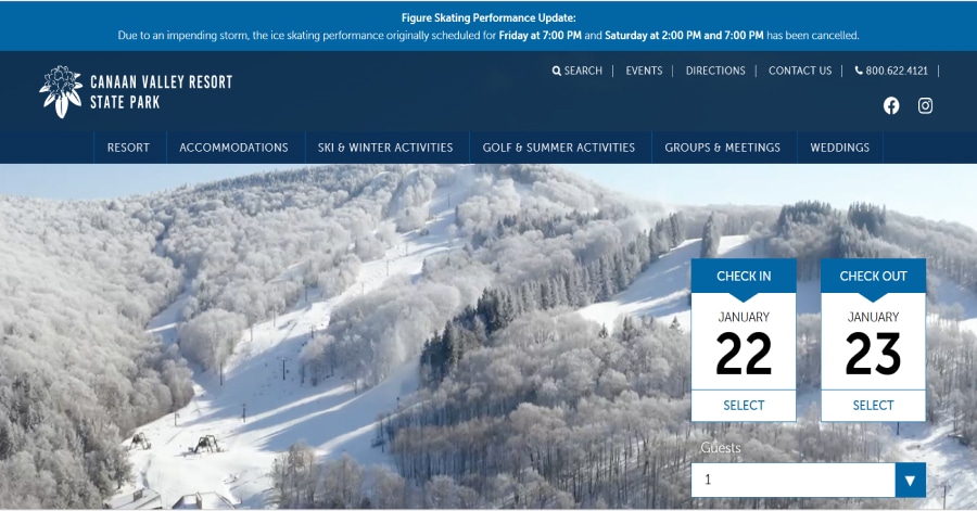 Canaan Valley Resort - Ski Resort Website Examples
