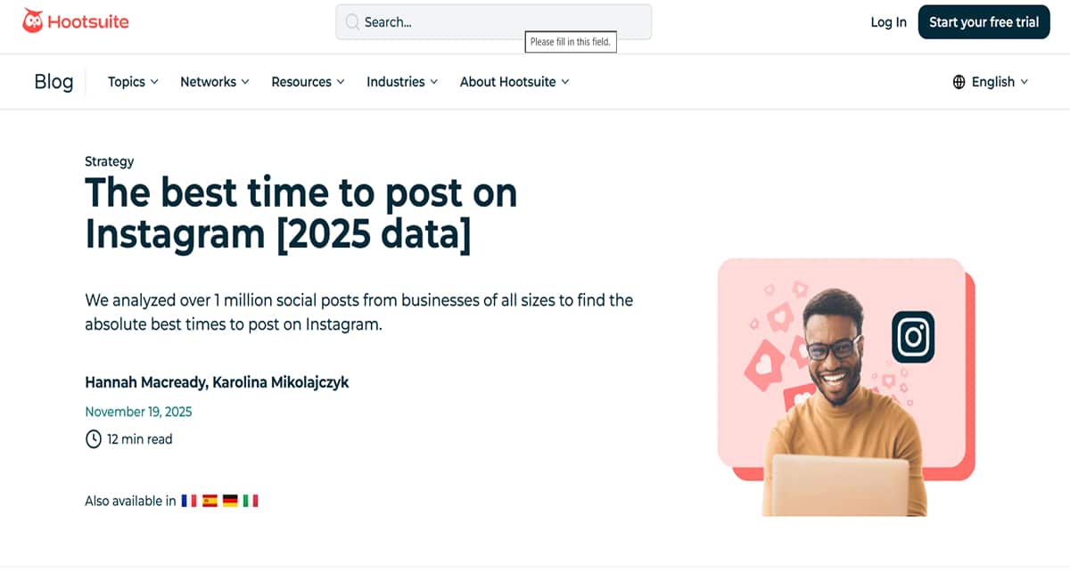 Hootsuite – Best Time to Post on Instagram - Pillar Page Best Carousel Website Examples