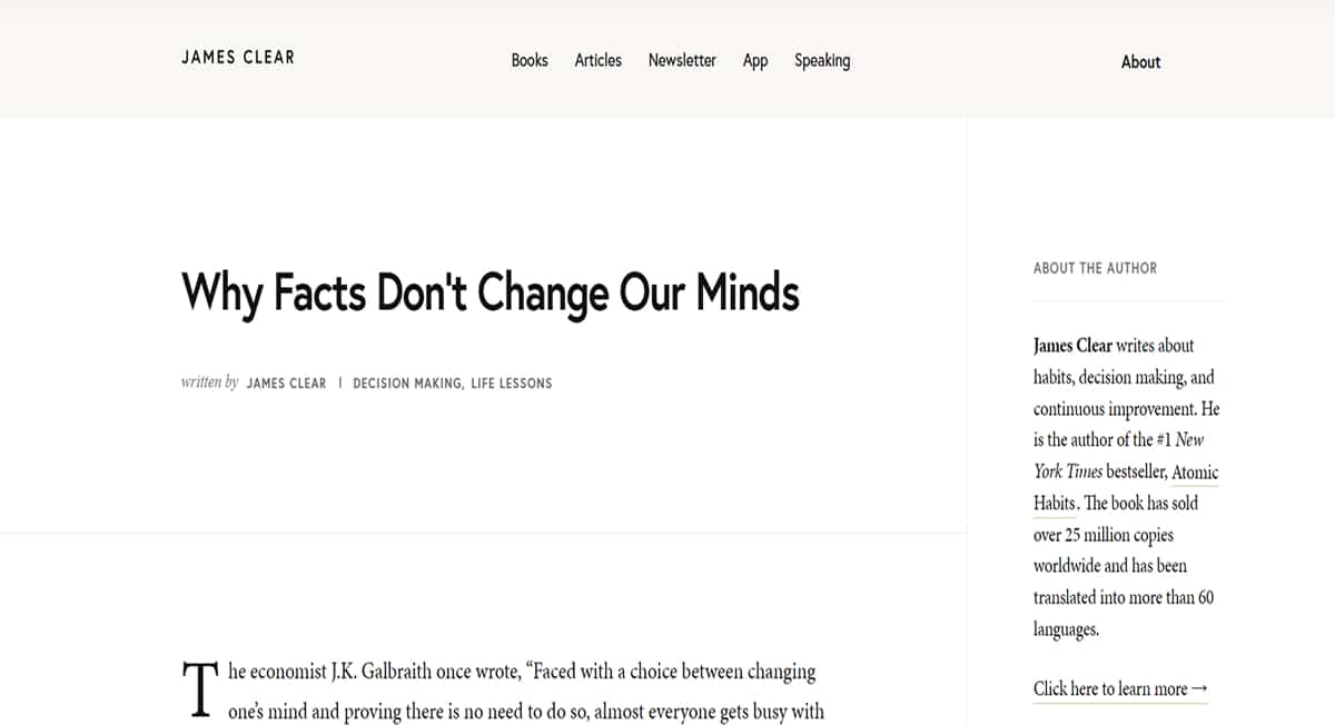 James Clear – Why Facts Don’t Change Minds - Pillar Page Barbara Lim - Model Website Examples
