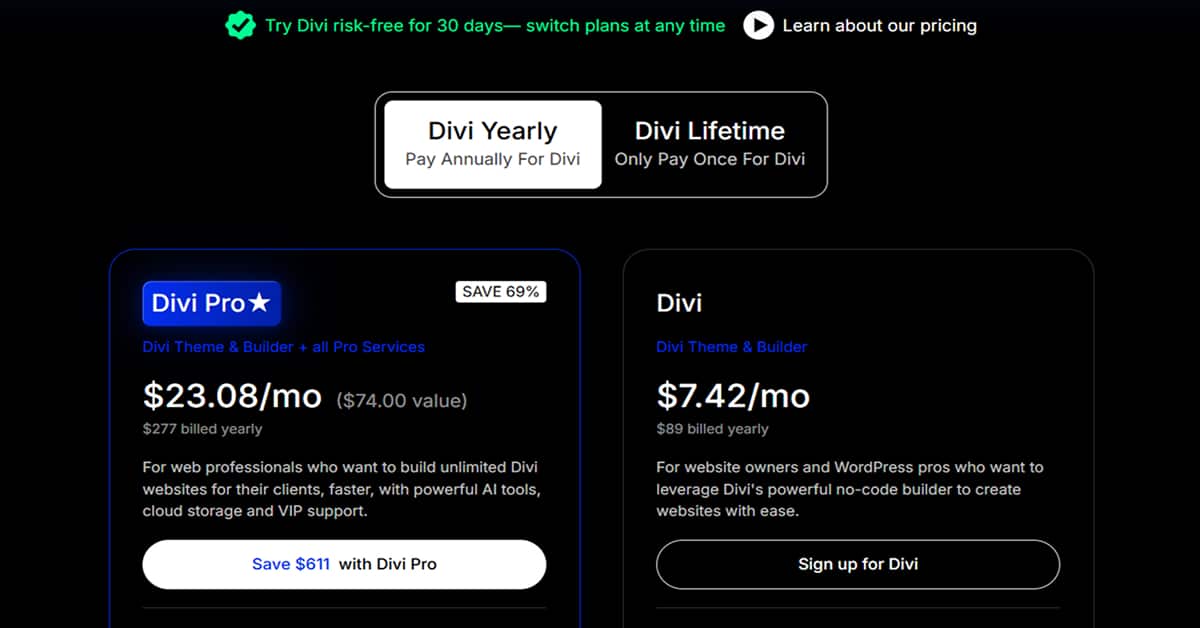 Divi Pricing 2026 Divi Pricing 2024_Divi Yearly Plans