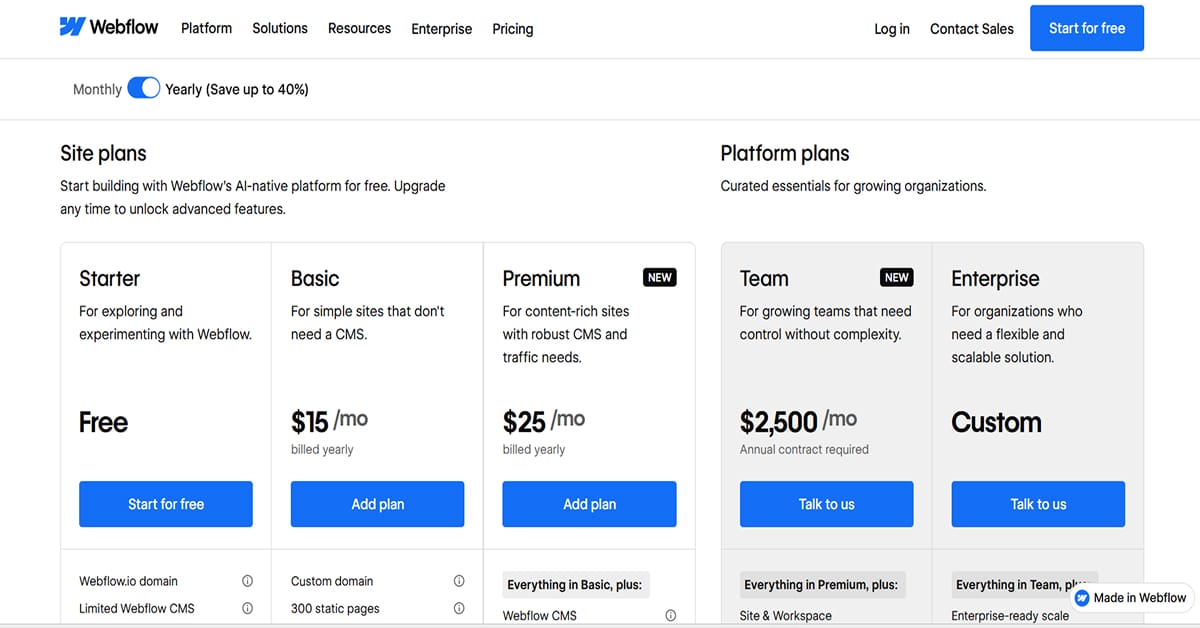 Webflow Pricing 2026